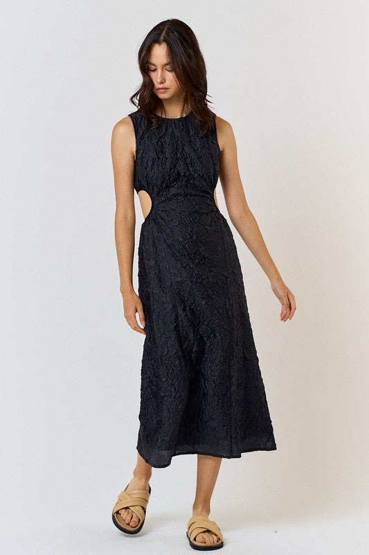 TEXTURED SIDE CUT OUT SLEEVELESS MIDI
DRESS