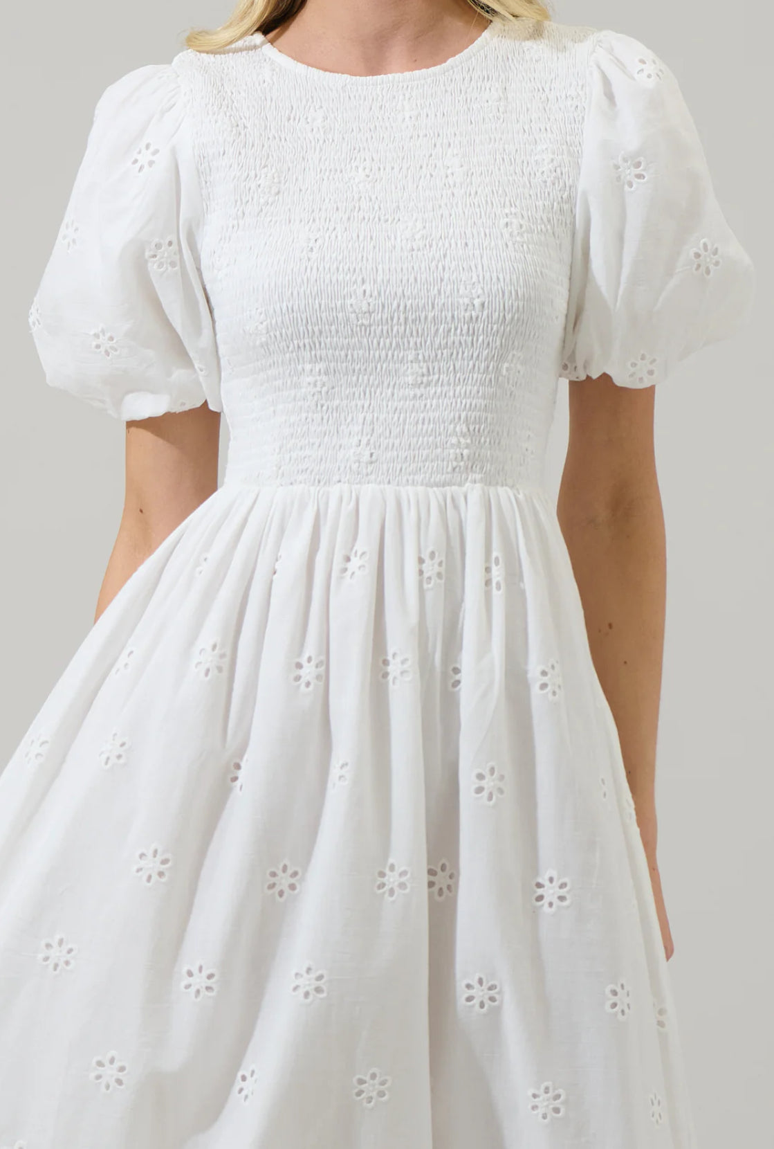 Deana Eyelet Smocked Midi Dress