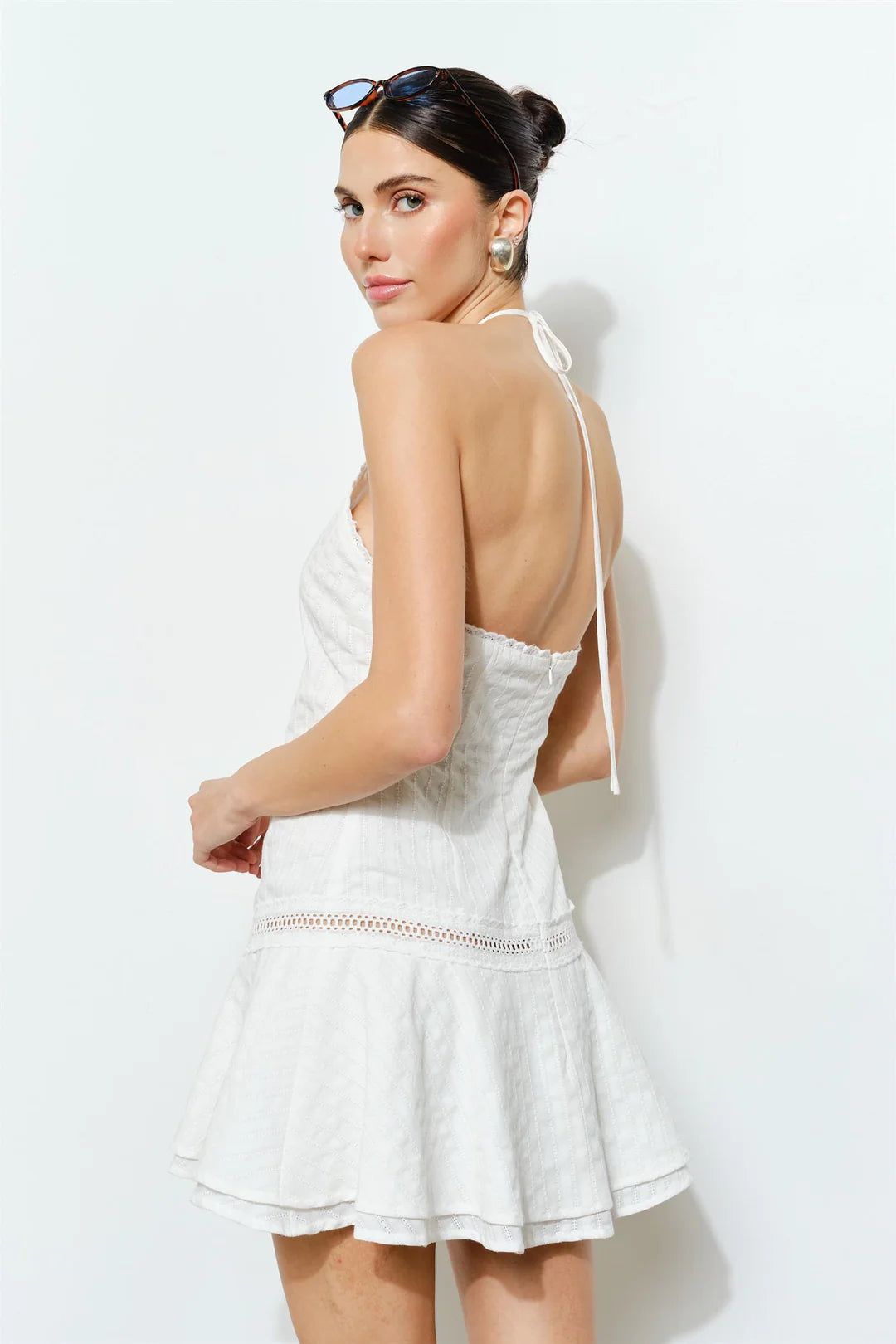 MARGOT TEXTURED COTTON LADDER LACE HALTER MINI DRESS