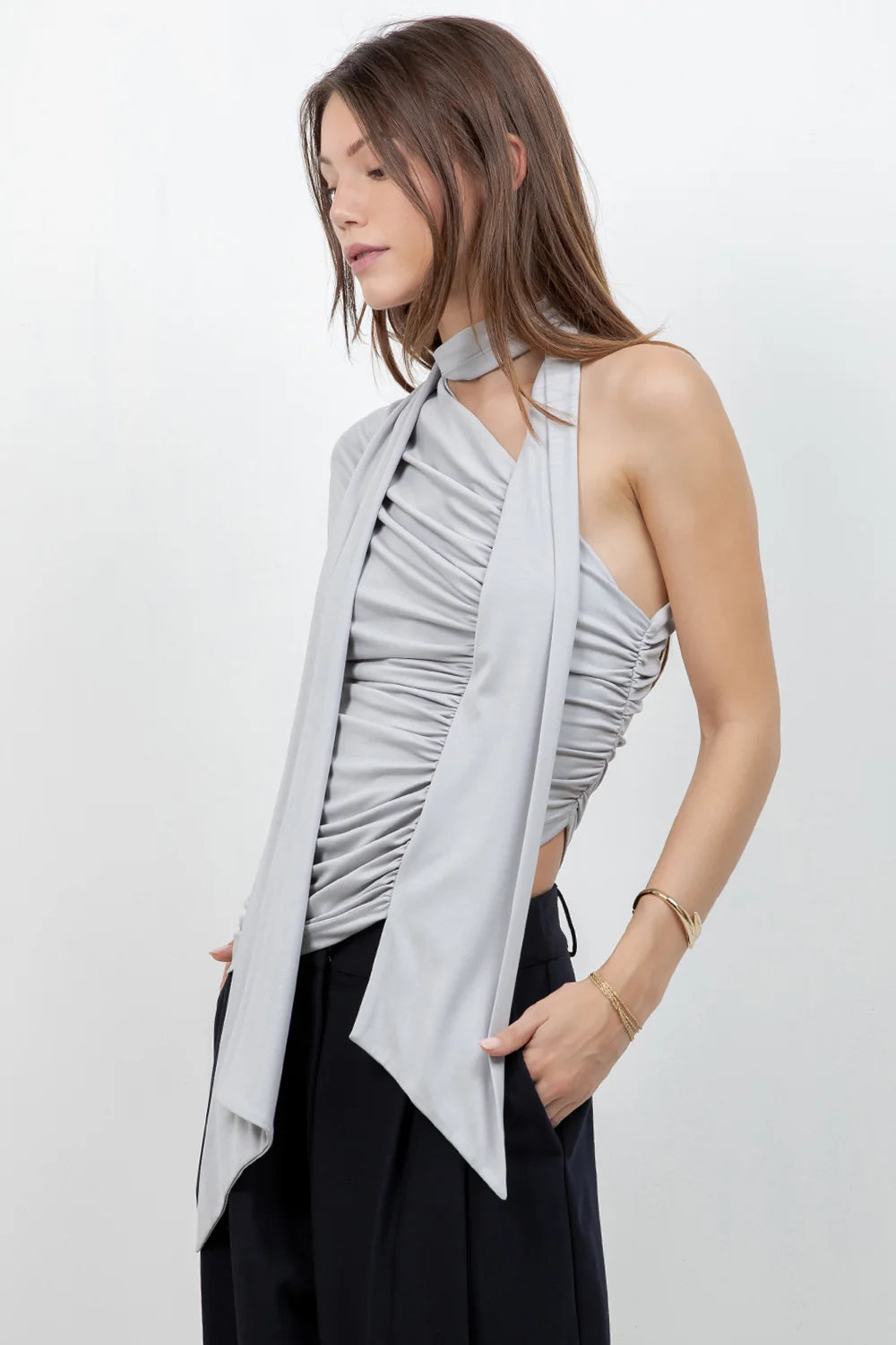 SOFT KNIT ASYMMETRICAL TOP WITH WRAP AROUND SCARF (SLATE GREY)