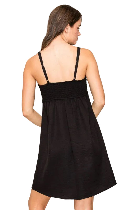 FAUX LINEN PLEATED MINI DRESS