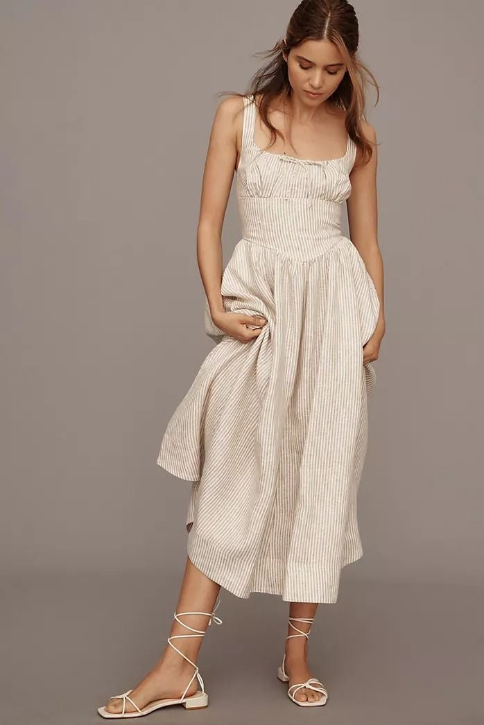 Stripe Sleeveless Corset Detail Midi Dress