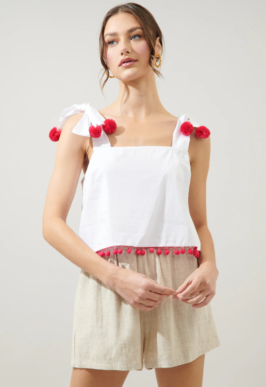 Milagro Tie Strap Cherry Pom Pom Crop Top