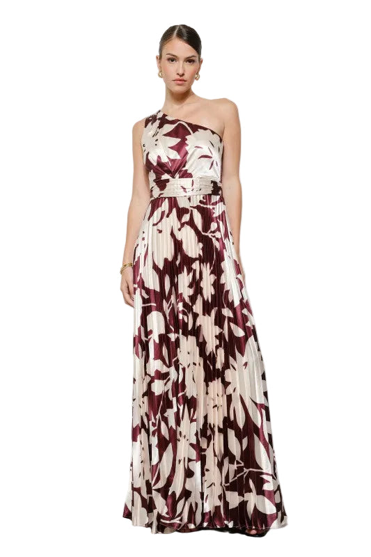 Mocha Floral Pleated One Shoulder Dress