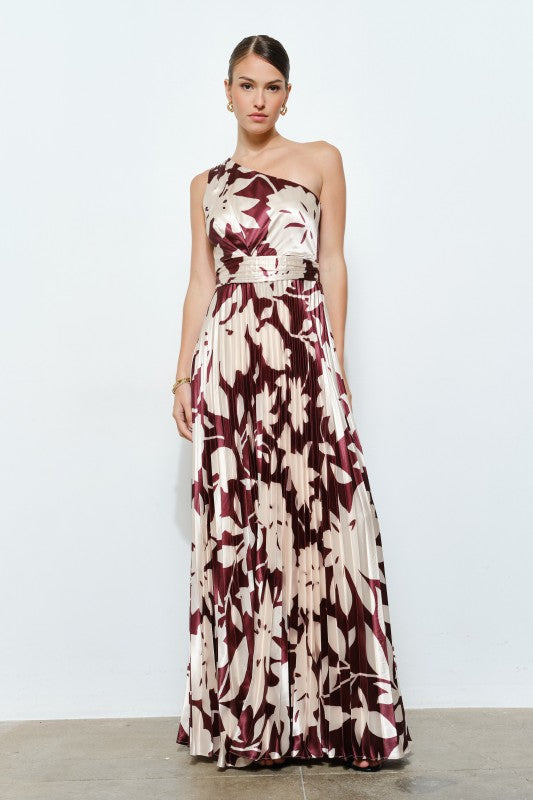 Mocha Floral Pleated One Shoulder Dress
