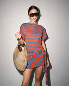 GABRIETTE STRIPED KNIT WRAP FRONT DOLMAN SLEEVE MINI DRESS