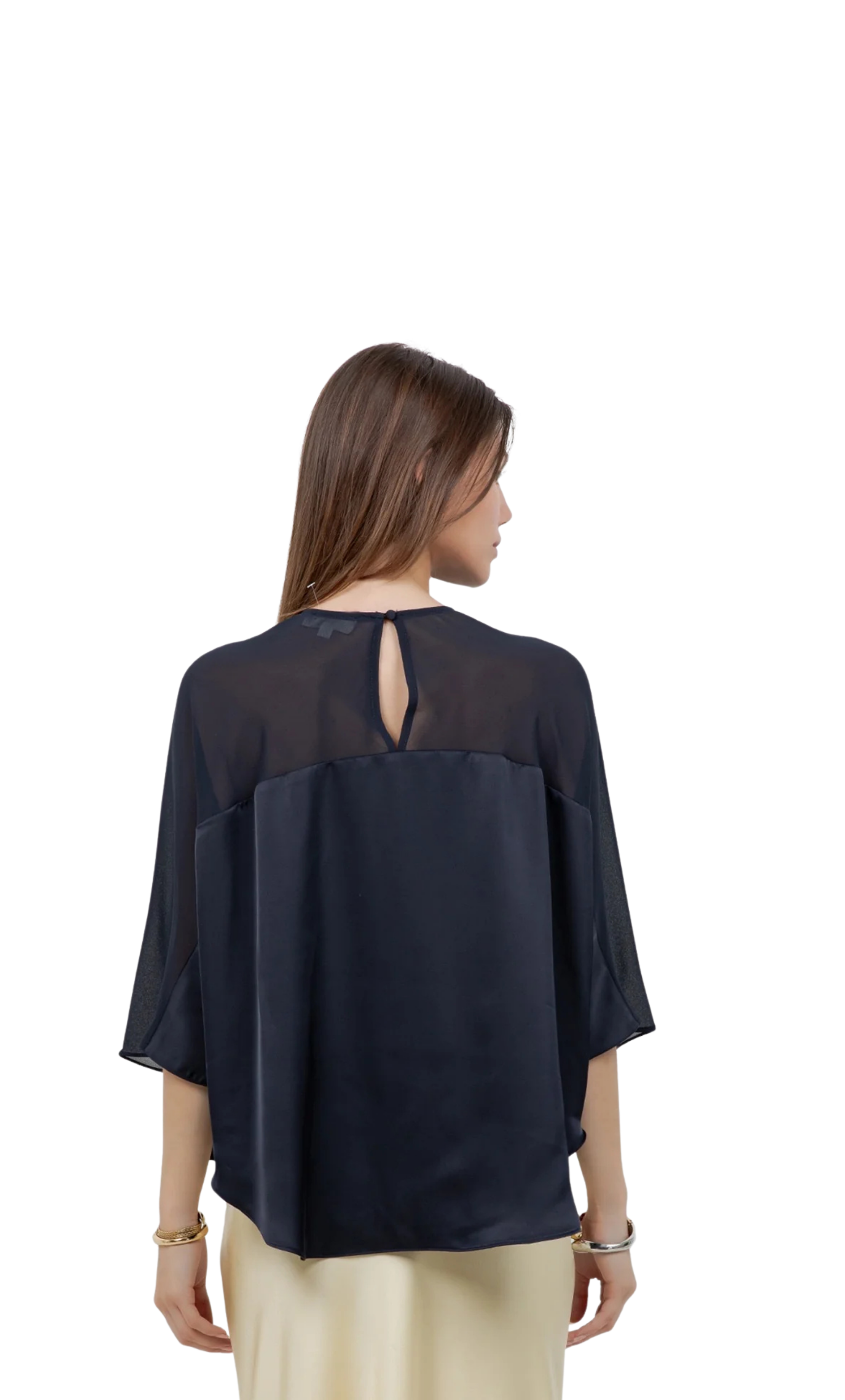 Amélie Satin Chiffon Blouse – Navy
