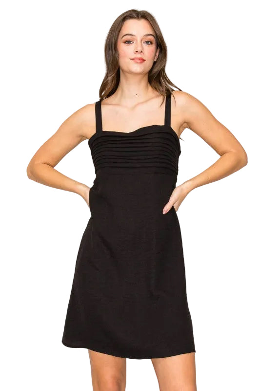 FAUX LINEN PLEATED MINI DRESS