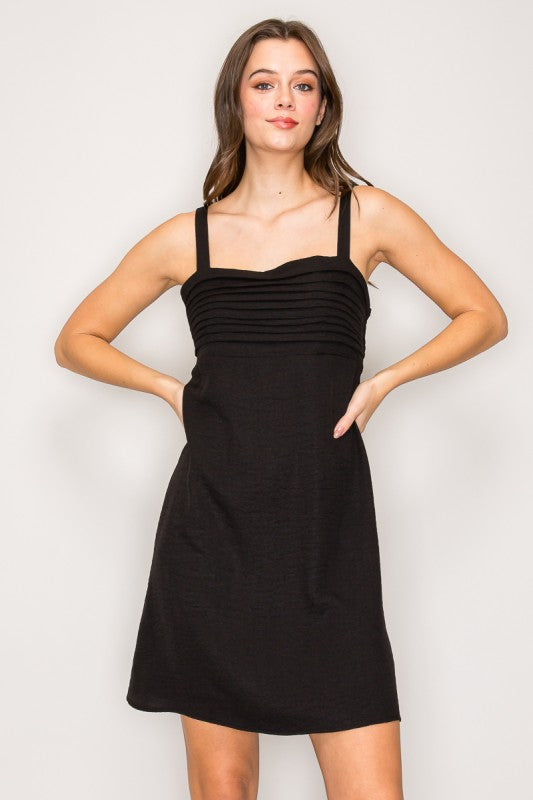 FAUX LINEN PLEATED MINI DRESS