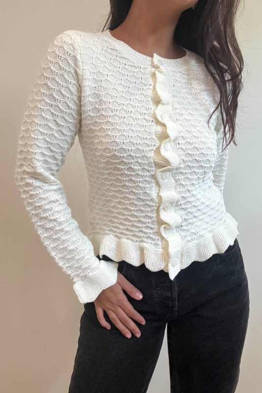 Pointelle Knit Ruffled Edges Cardigan
