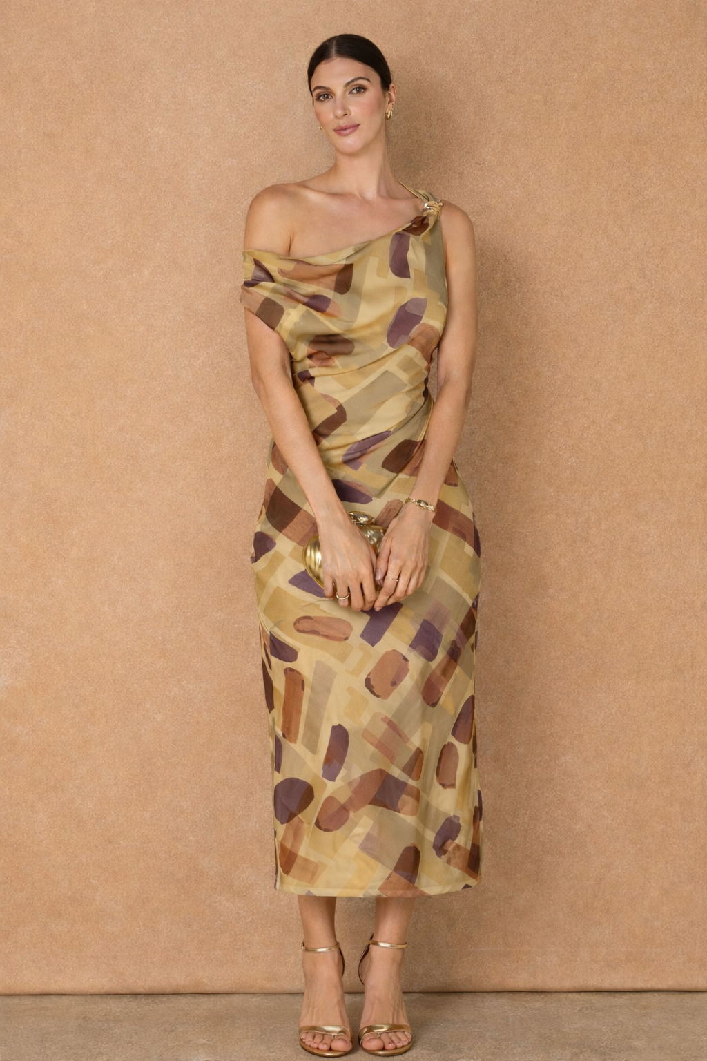 Checkmate Off The Shoulder Ruched Midi Dress