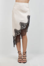 CONTRAST LACE ASYMMETRICAL SATIN
SKIRT