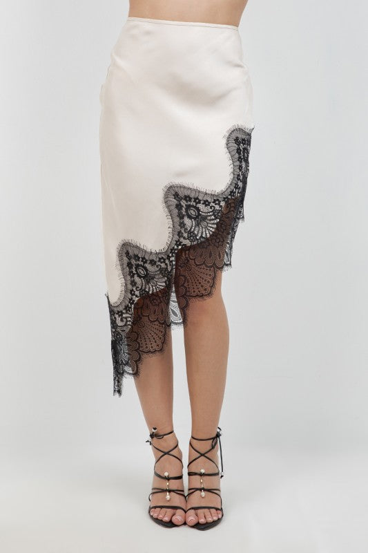 CONTRAST LACE ASYMMETRICAL SATIN
SKIRT
