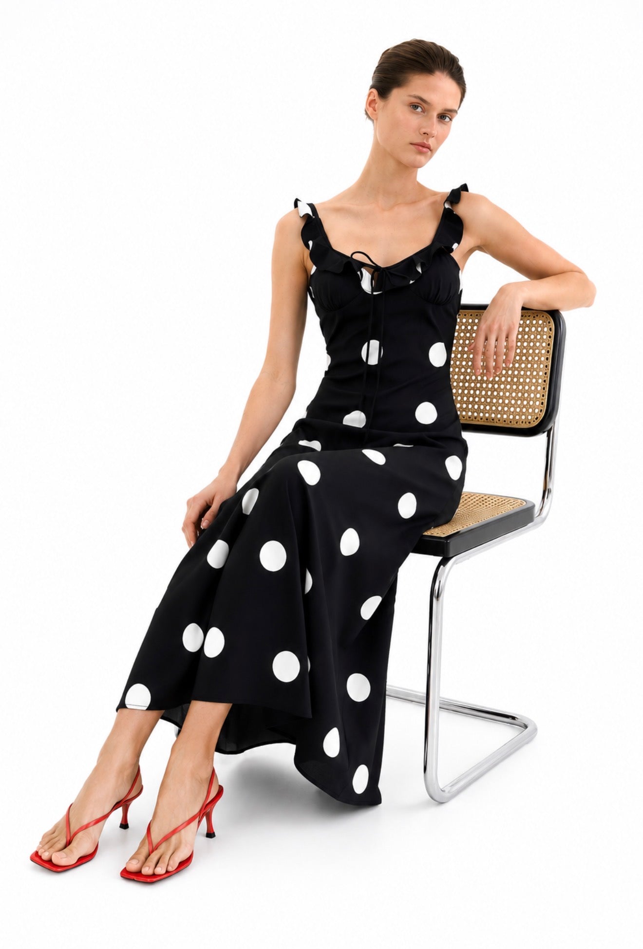 PIPER DRESS - SATIN MIDI SLIP DRESS IN DOT