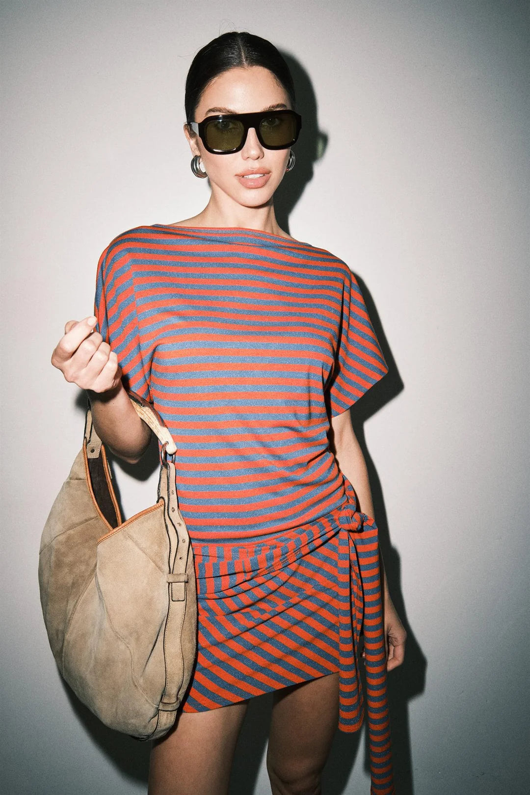 GABRIETTE STRIPED KNIT WRAP FRONT DOLMAN SLEEVE MINI DRESS