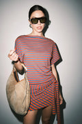 GABRIETTE STRIPED KNIT WRAP FRONT DOLMAN SLEEVE MINI DRESS