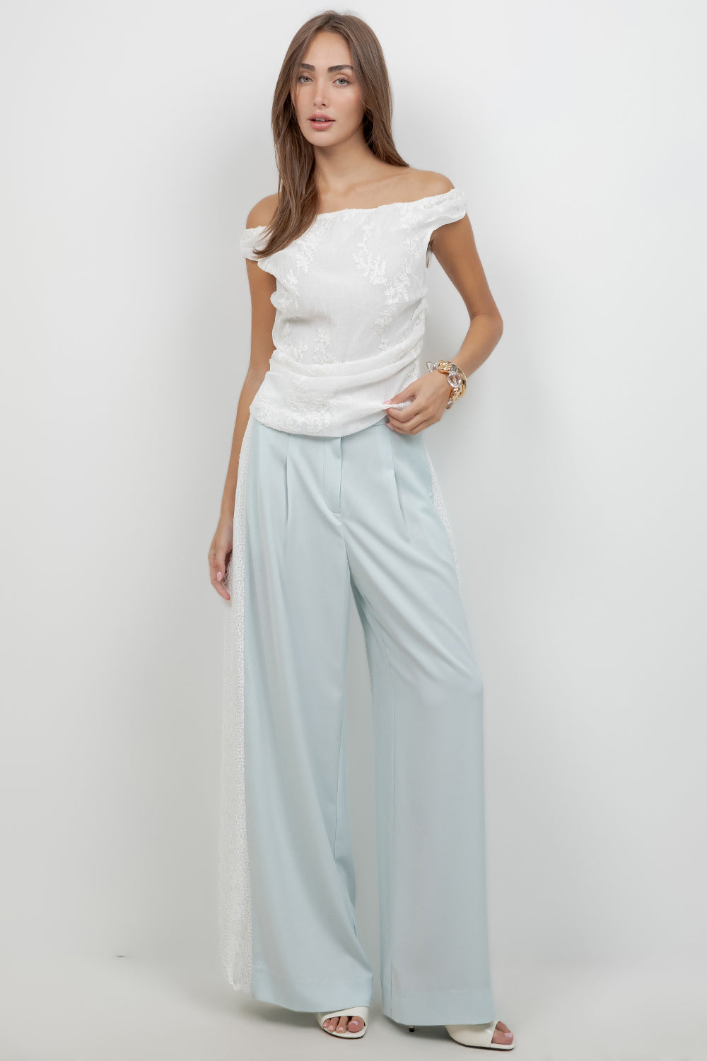 EMBROIDERED SOFT WOVEN OFF SHOULDER BLOUSE