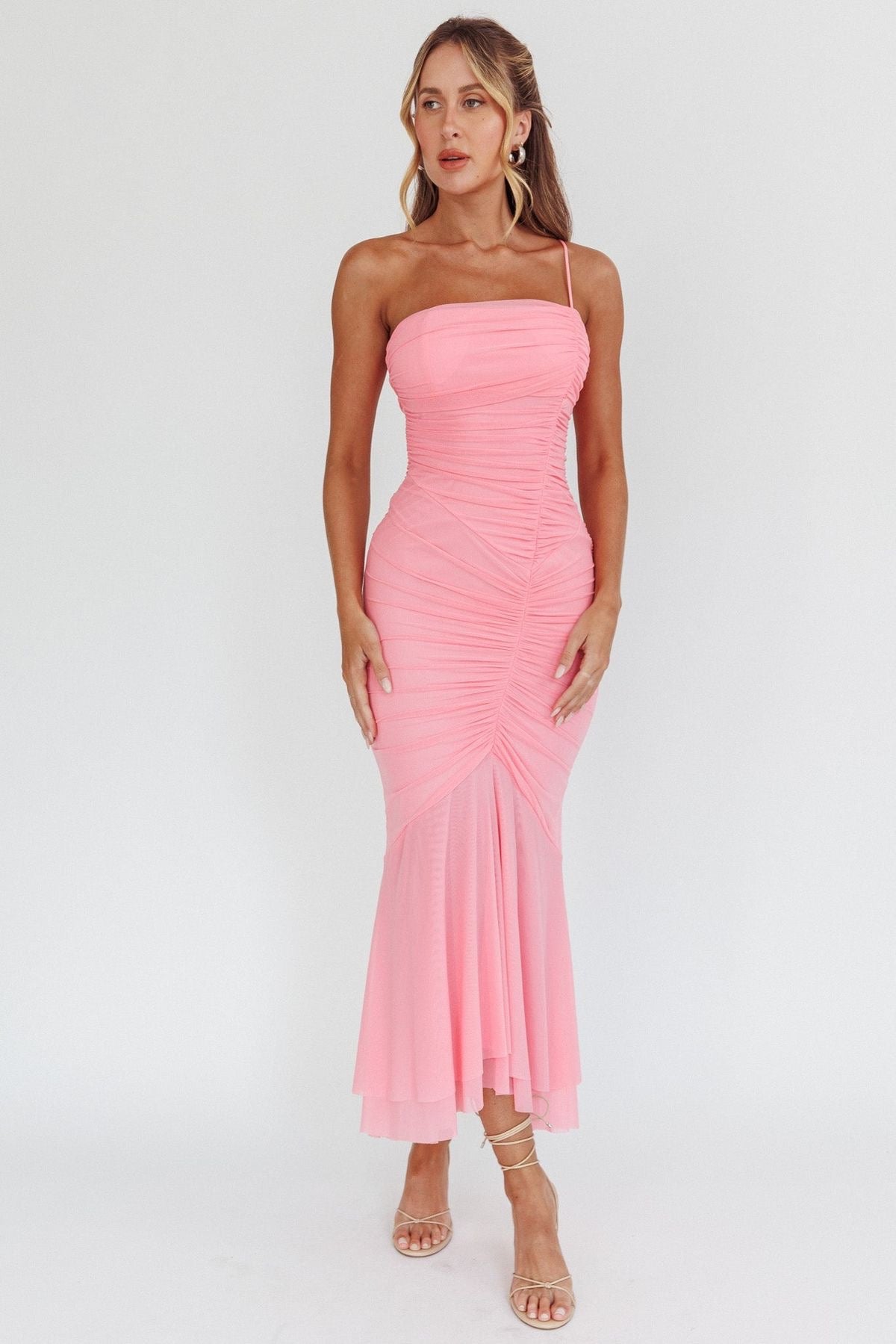 One Strap Ruched
Maxi Dress Pink