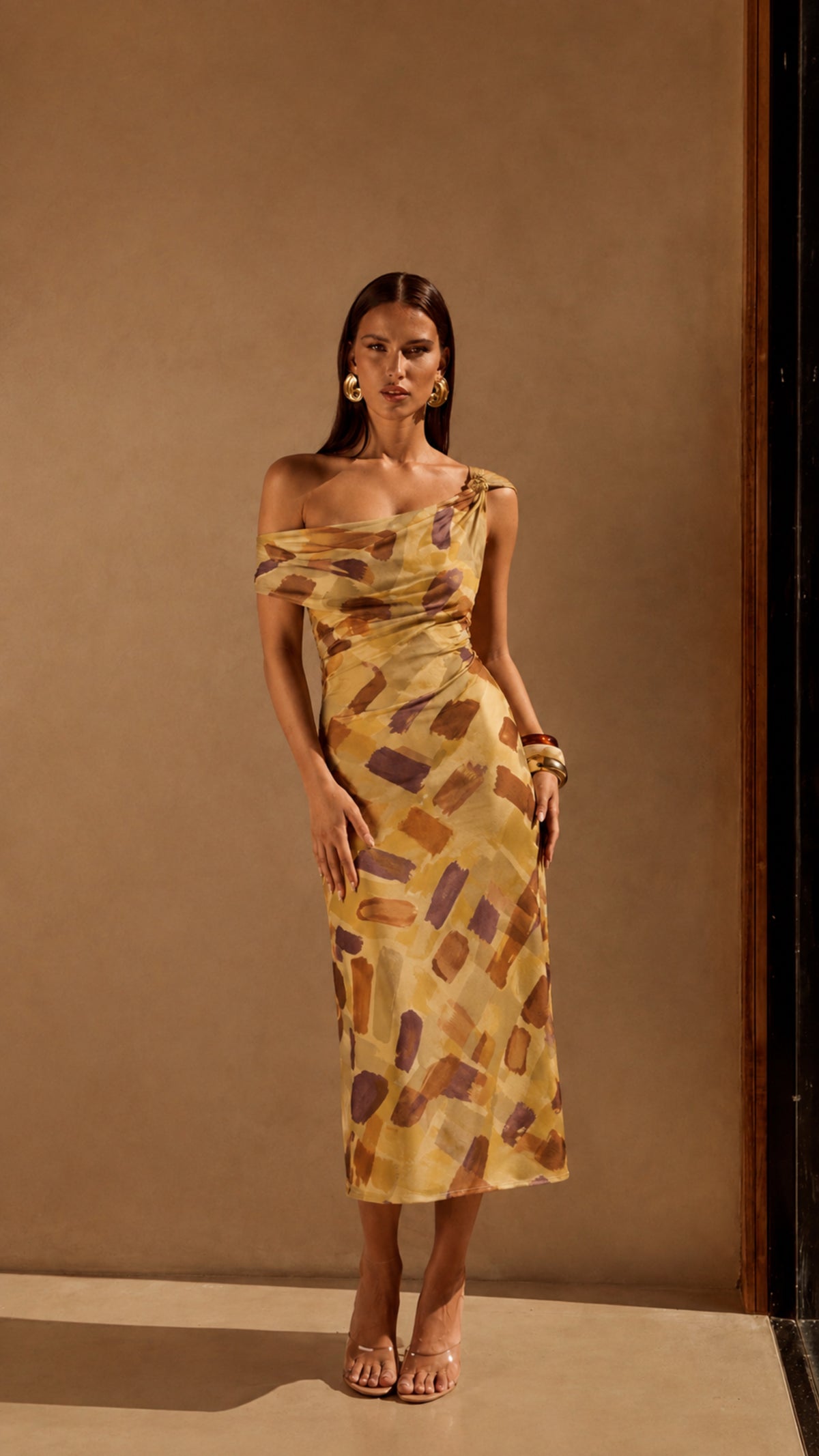 Checkmate Off The Shoulder Ruched Midi Dress