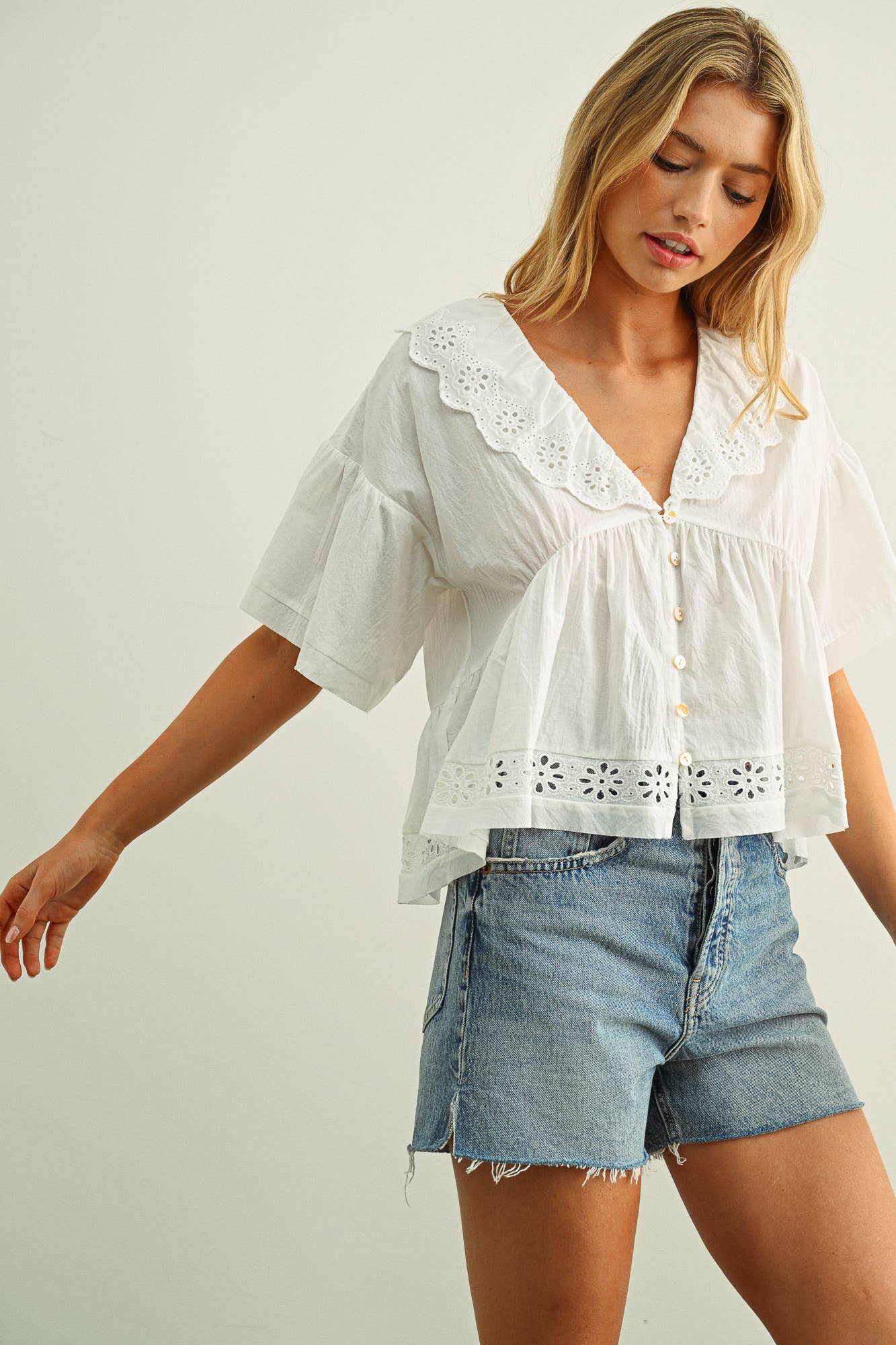 EYELET  RUFFLED BLOUSE