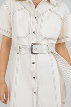 Contrast Stitching Cotton Washed Dress with belt