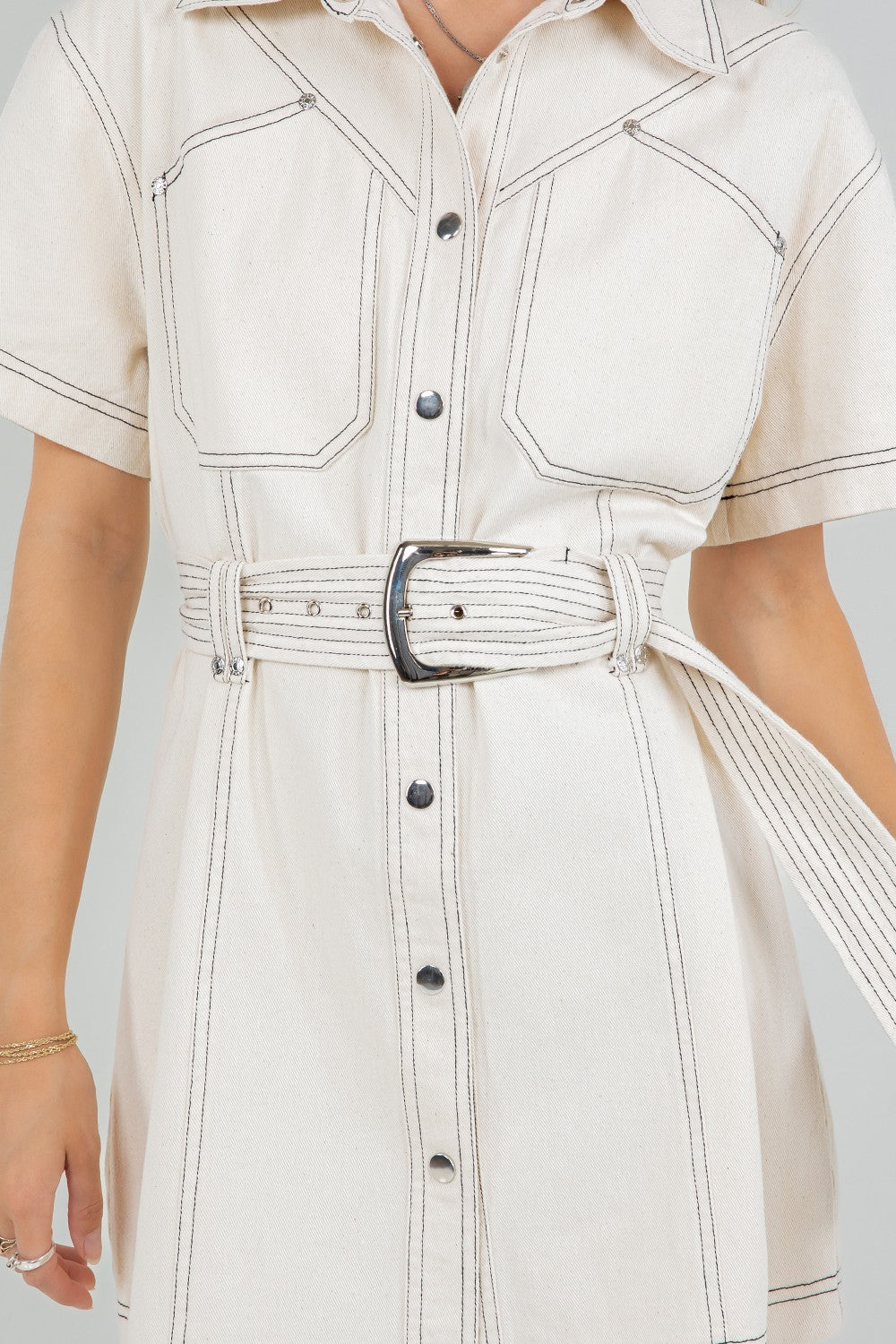 Contrast Stitching Cotton Washed Dress with belt