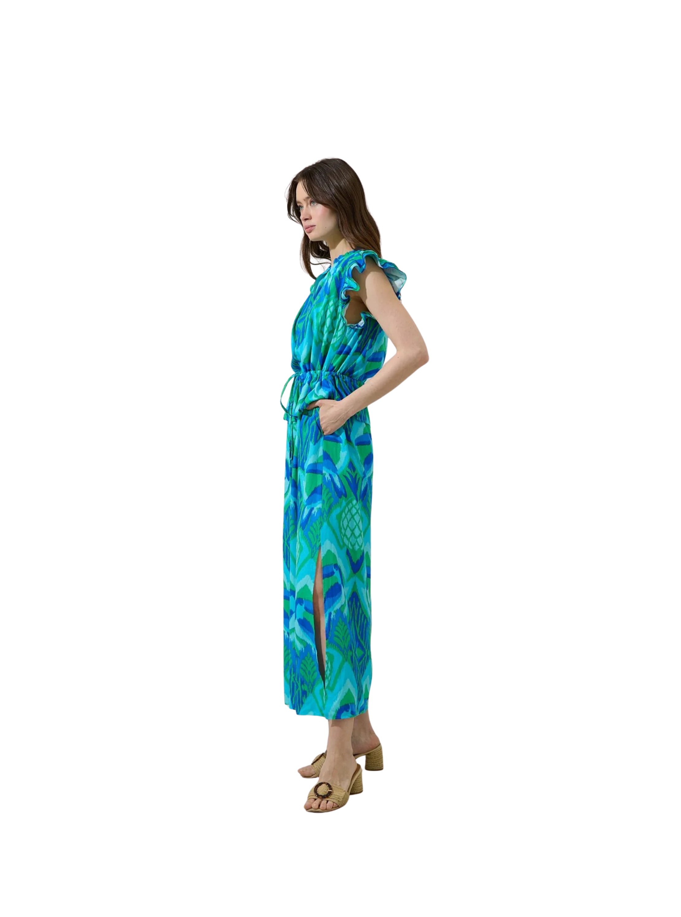 Blissy Tropical Astra Ruffle Maxi Dress