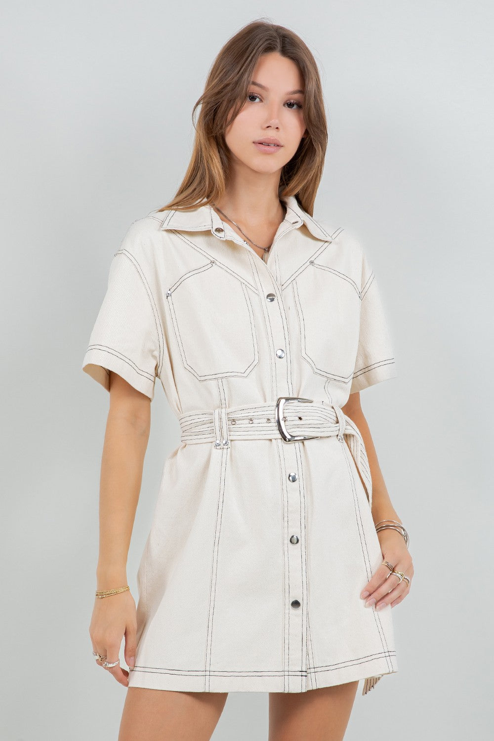 Contrast Stitching Cotton Washed Dress with belt