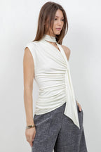 SOFT KNIT ASYMMETRICAL TOP WITH WRAP AROUND SCARF (IVORY)