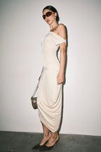 ZEENA SLINKY KNIT ONE SHOULDER DRAPED ASYMMETRIC MIDI DRESS