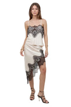 CONTRAST LACE ASYMMETRICAL SATIN
SKIRT