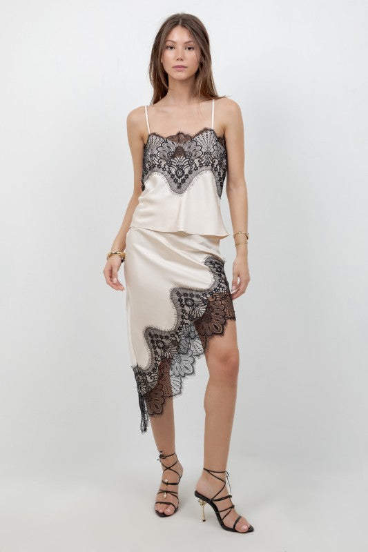 CONTRAST LACE ASYMMETRICAL SATIN
SKIRT