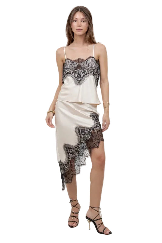 CONTRAST LACE ASYMMETRICAL SATIN
SKIRT
