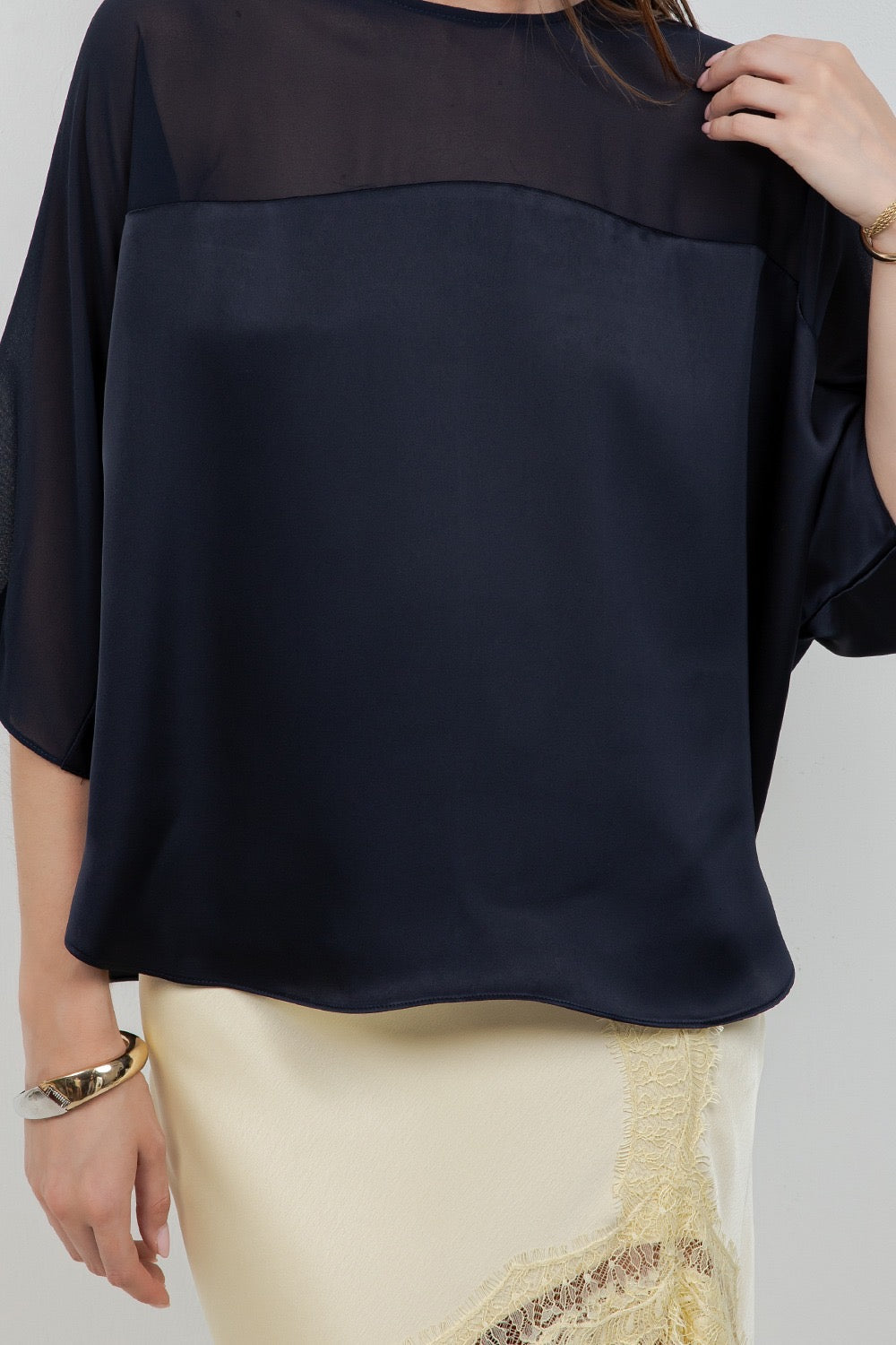 Amélie Satin Chiffon Blouse – Navy