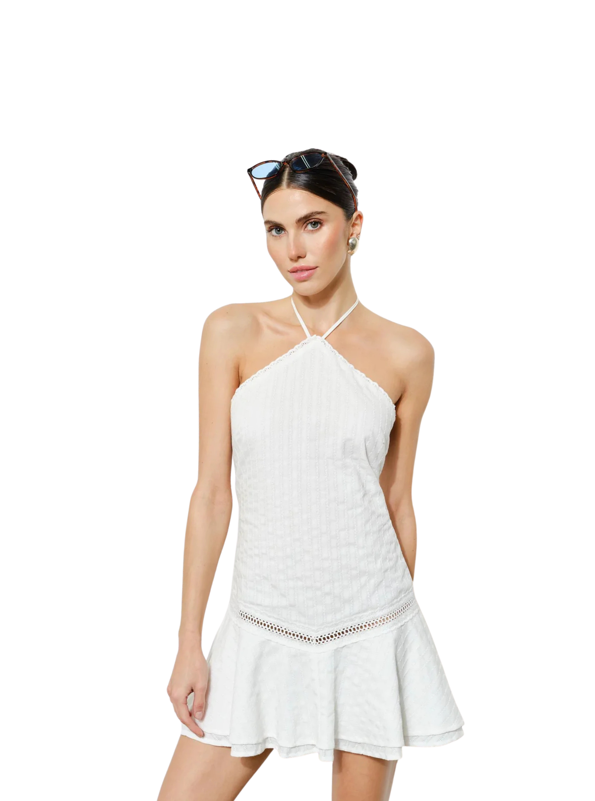 MARGOT TEXTURED COTTON LADDER LACE HALTER MINI DRESS