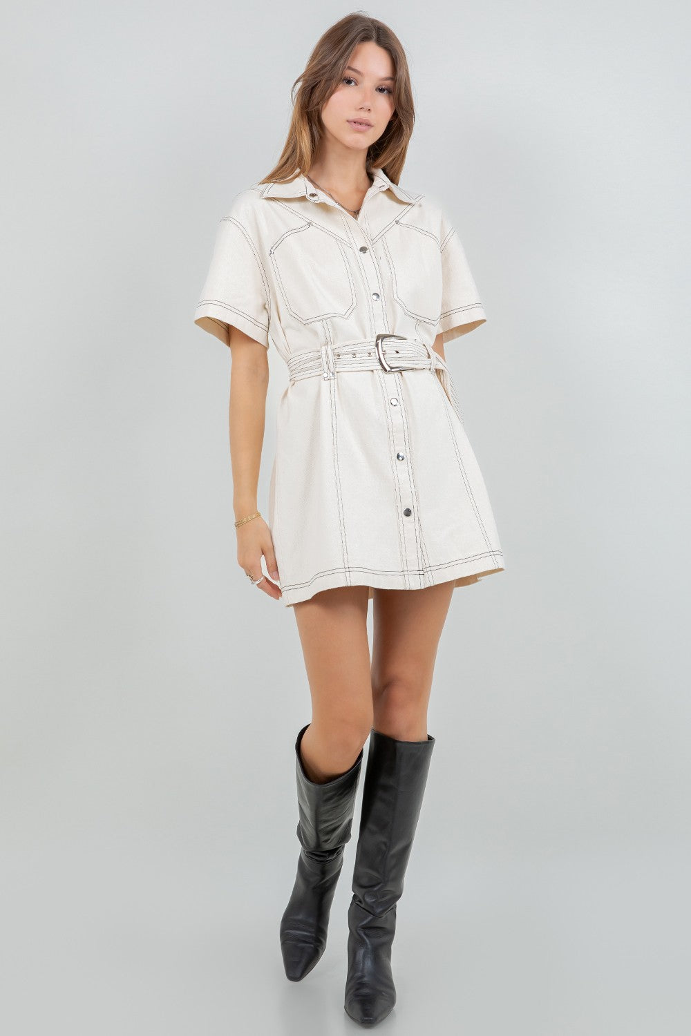 Contrast Stitching Cotton Washed Dress with belt