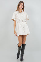 Contrast Stitching Cotton Washed Dress with belt