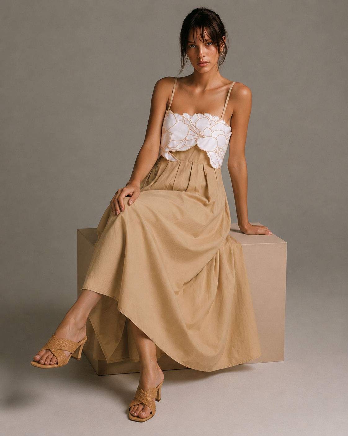 Kalani Floral Embroidery Pleated Maxi Dress