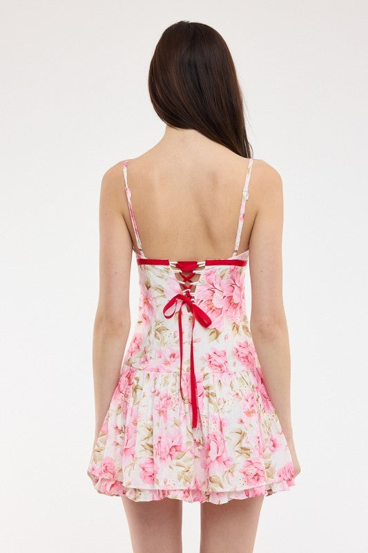 Pink Floral Eyelet Back Crossed Tie Mini Dress