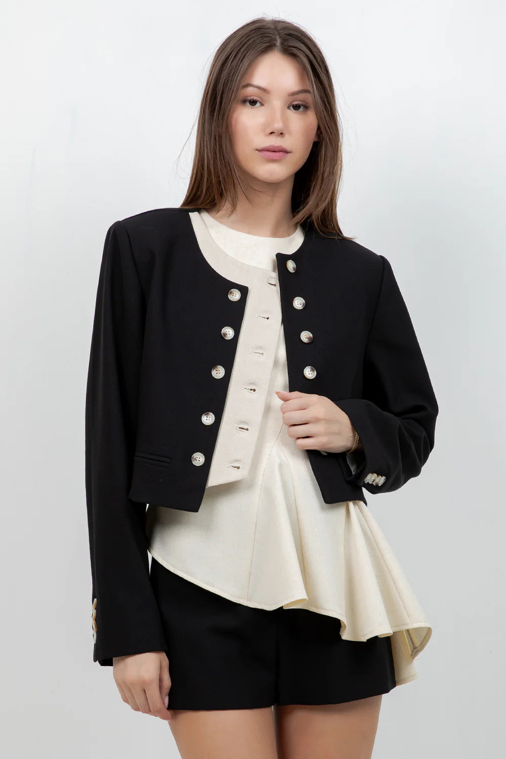 SOFT WOVEN DOUBLE PLACKET JACKET (NAVY/IVORY)