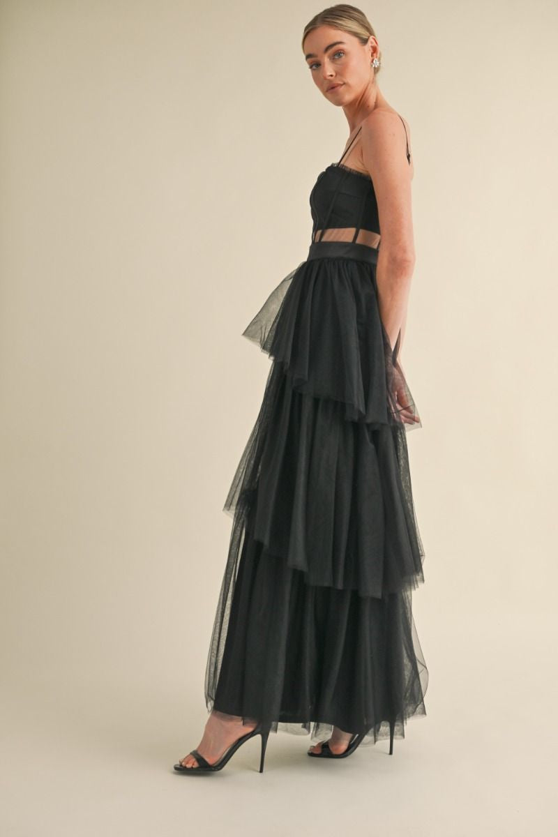 tulle mesh ruffle tiered maxi dress