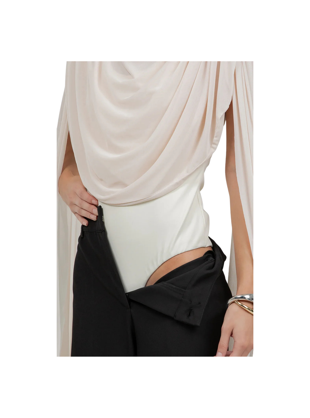 KNITTED BODYSUIT WITH CONTRAST MESH DRAPE CAPE