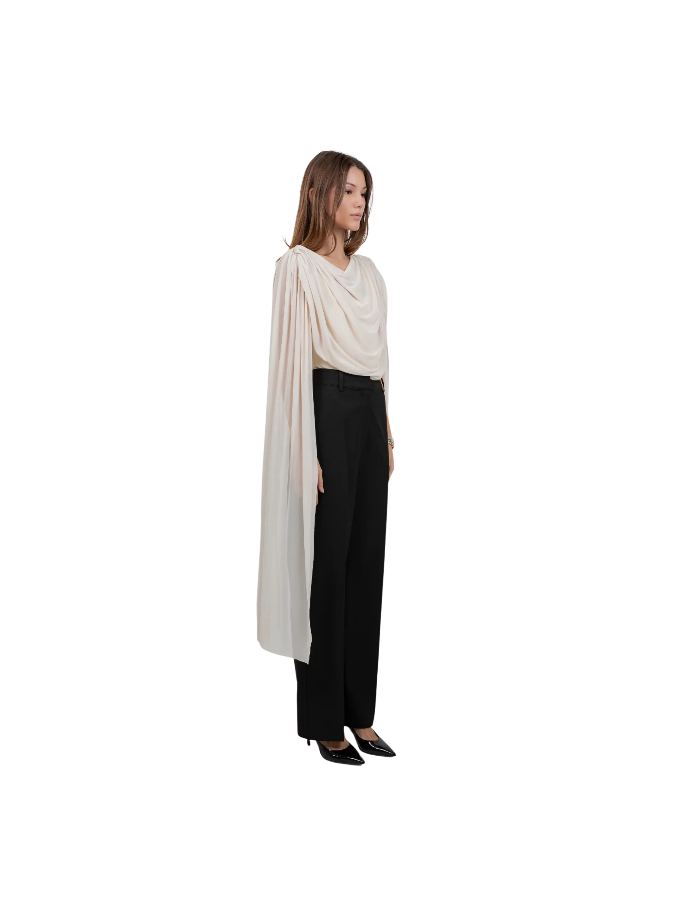 KNITTED BODYSUIT WITH CONTRAST MESH DRAPE CAPE