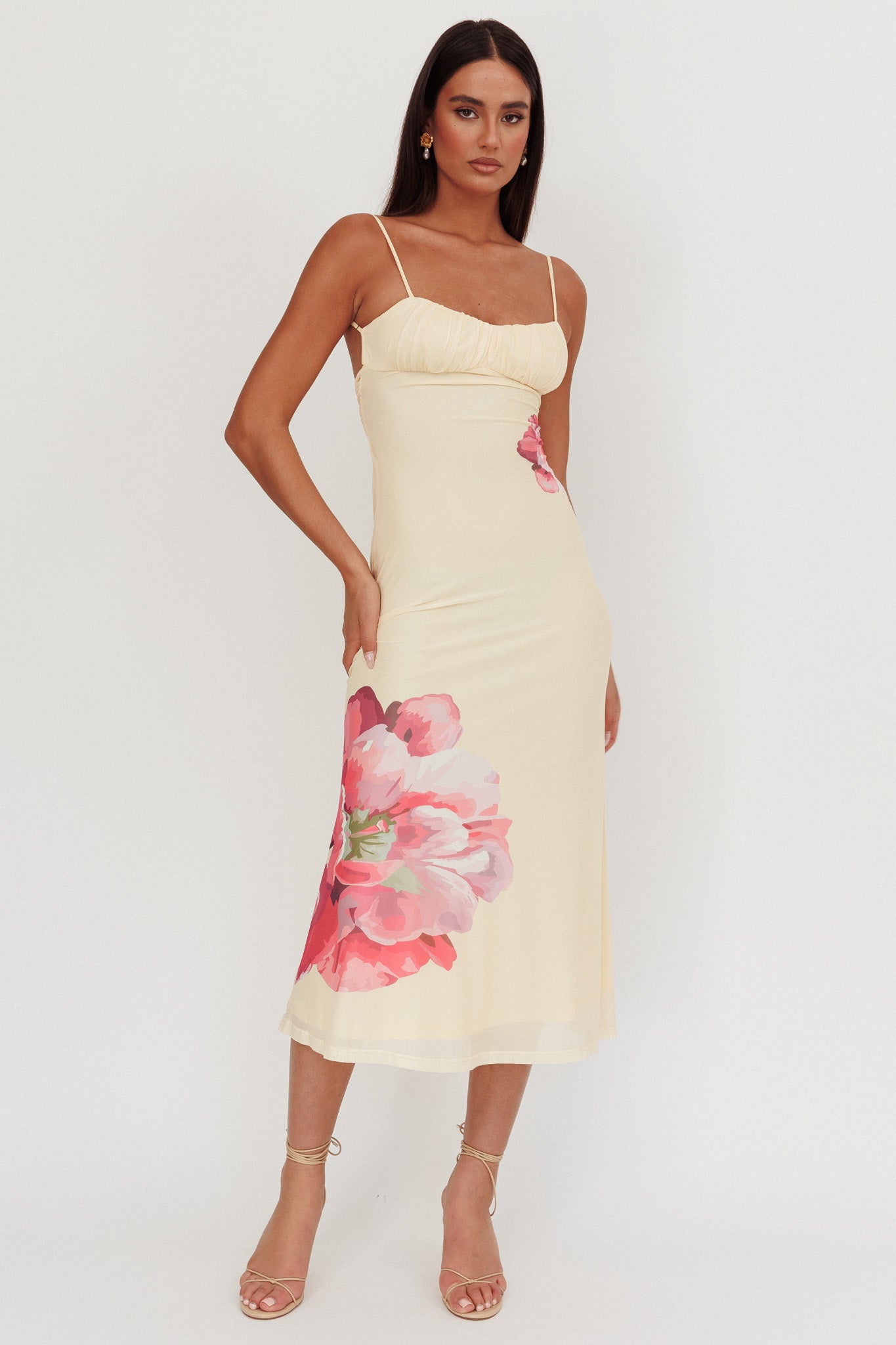 PRINTED MESH FLORAL MAXI DRESS