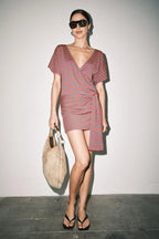 GABRIETTE STRIPED KNIT WRAP FRONT DOLMAN SLEEVE MINI DRESS