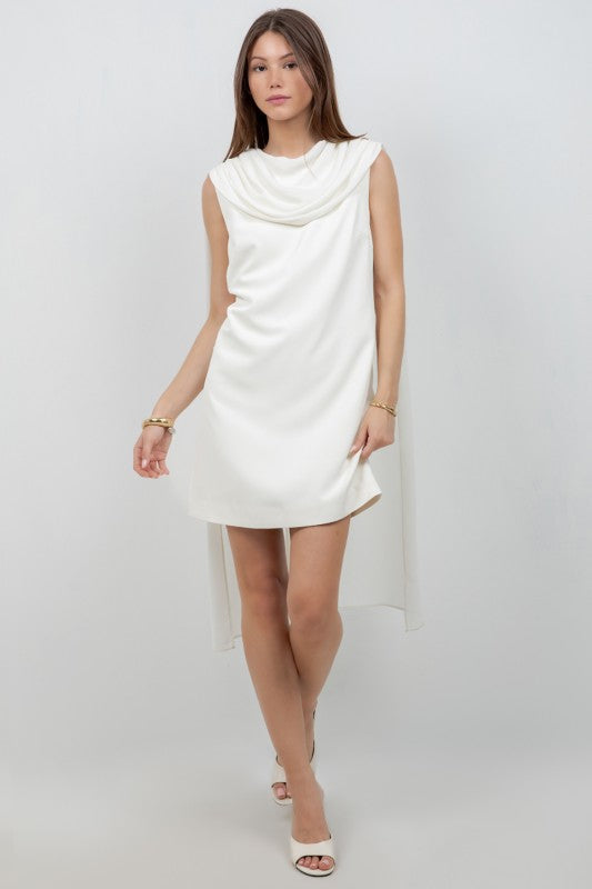 WOVEN MINI DRESS WITH ATTACHED CHIFFON SCARF