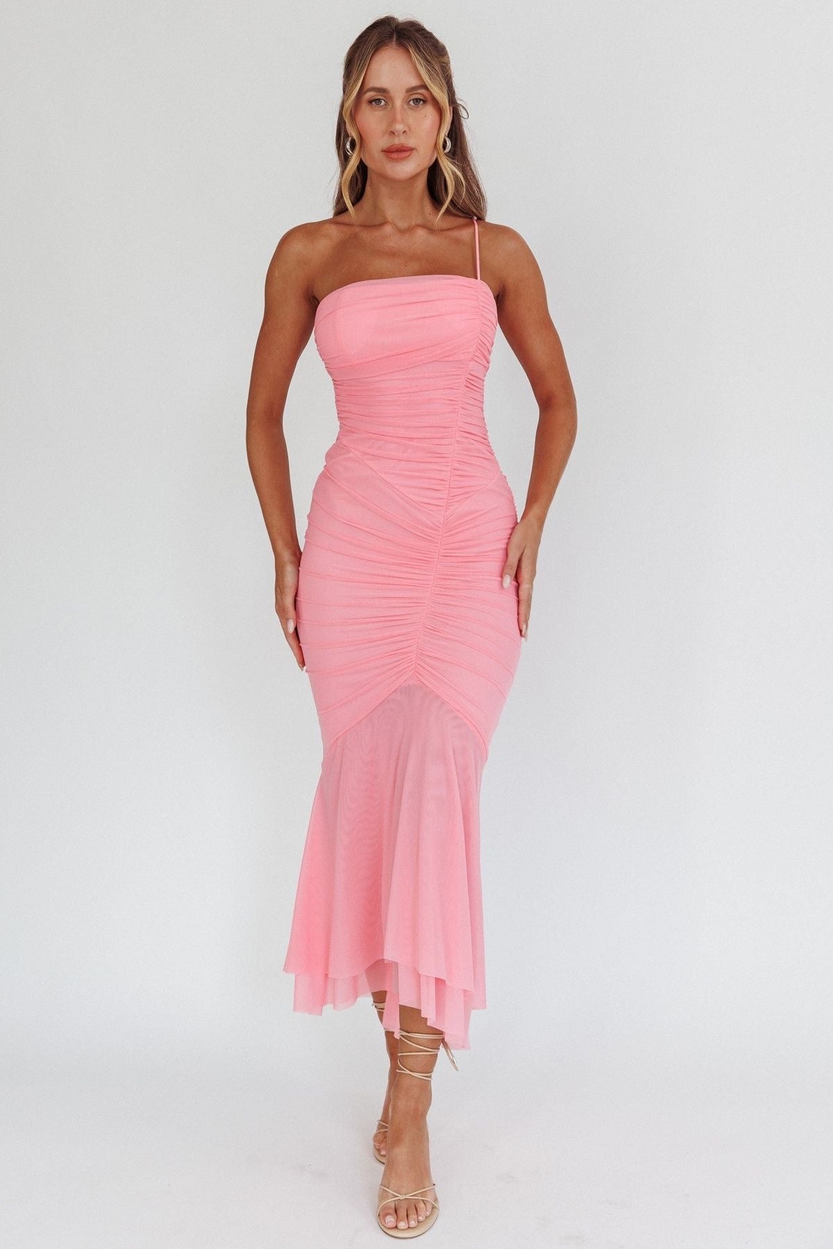 One Strap Ruched
Maxi Dress Pink