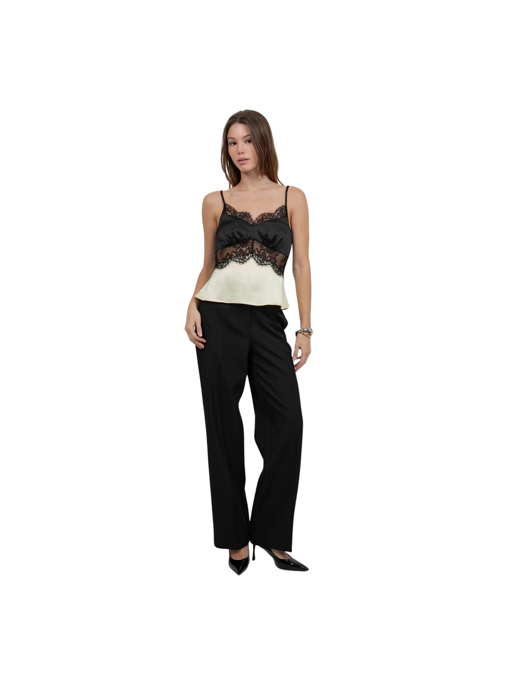 LACE POINTELLE CONTRAST SATIN CAMI TANK TOP - YELLOW/BLACK