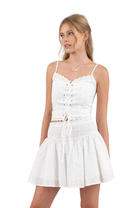 Embroidered Eyelet Lace Up Sleeveless Crop Top