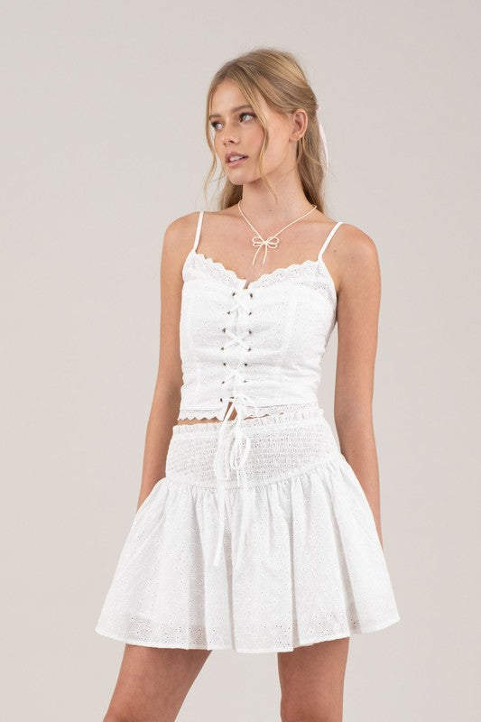 Embroidered Eyelet Lace Up Sleeveless Crop Top